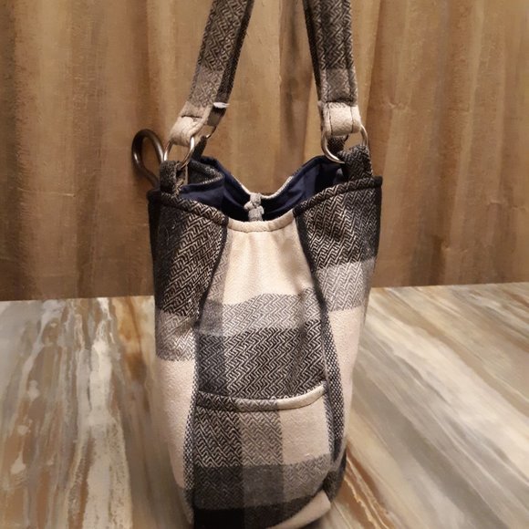 Classic Plaid Wool Handbag Purse Shoulder bag Satchel Gray Black Ivory Blue Med - Picture 5 of 8